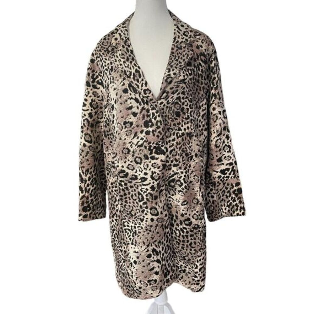 IOS Animal Print Duster Jacket L Tan Black Button Front Longline Mob Wife Chic
